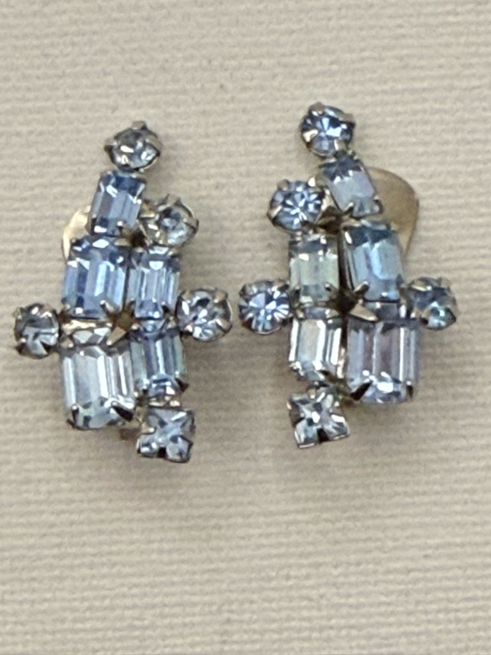 Vintage Weiss Blue Rhinestone Clip Earrings Signed Silver Tone Art Deco Style